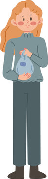 Illustration of a woman who has finished shopping at a minimarket carrying a plastic bag