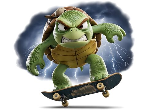 Furious animated turtle riding a skateboard under a dramatic sky with striking lightning