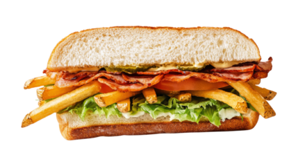 Bacon, lettuce, tomato sandwich with fries on white bread, isolated on a transparent background