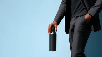 Confident male model dressed in a sleek black suit stands with a matte black water bottle, highlighting sustainability and style. Contemporary backdrop emphasizes clean, trendy aesthetics