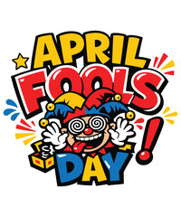 Fototapeta premium April fools day greeting with vibrant text and a jester popping out of a gift box with swirling eyes and exclamation mark on white