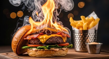 Flaming Burger with Fries on Wooden Table.