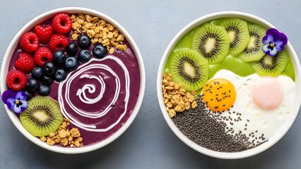 Colorful smoothie bowls with fresh fruits, granola, and edible flowers, top-down view.