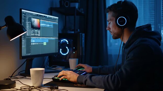 Music producer creates audio tracks using editing software at night. Producer wears headphones while mixing music in studio. Man edits audio with software. Night studio work with music editing tools.