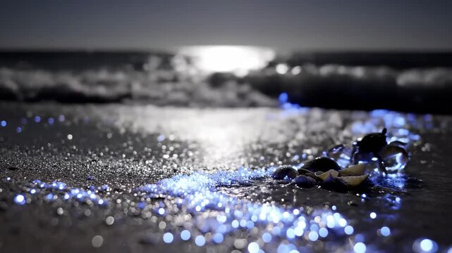 Ghost crab walking on beach with bioluminescent waves at night 4K Video