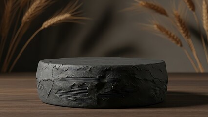 Dark Textured Product Podium Mockup Background with Copy Space and Wheat Stalks