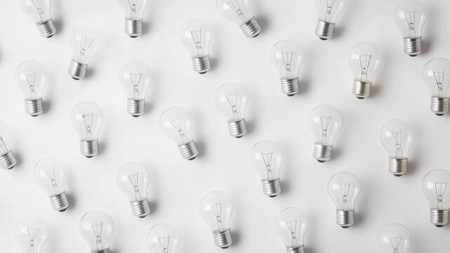 looped Several incandescent light bulbs on a white background flicker in a seamless loop, symbolizing creativity, ideas, inspiration, innovation, and the spark of new thinking