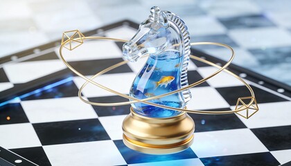 A giant floating chess knight piece made of glass, filled with blue liquid and goldfish. It rests on a floating checkerboard platform. A golden geometric shape orbits the knight. Dreamy atmosphere, ci