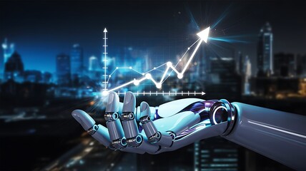 Robot hand presenting rising financial growth graph at night
