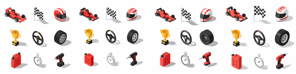 Fototapeta premium Isometric racing and pit stop equipment icons set, featuring formula one car, checkered flag, helmet, trophy, tire, and power tools on white.