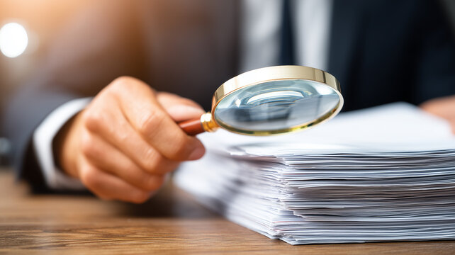 A magnifying glass examining a large stack of documents representing audit review compliance verification and detailed analysis.
