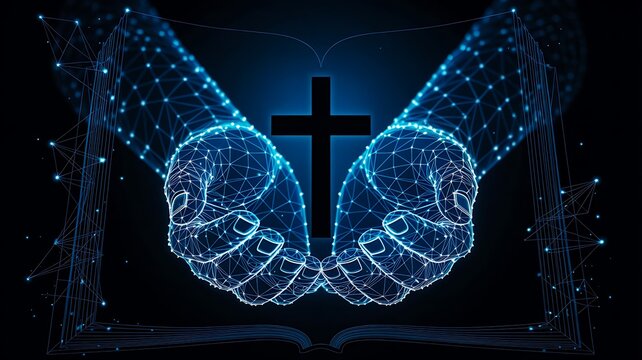 Digital handshake with cross symbol faith and technology unity
