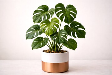 Monstera deliciosa plant in a modern white and copper pot