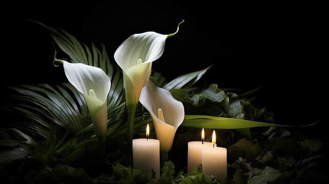 White Calla Lilies and Candles in Dark Studio Still Life