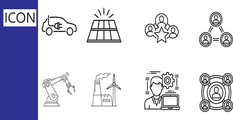 Set of line icons representing futuristic technology, renewable energy, and automation