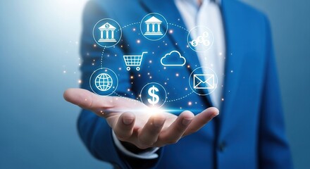 Business executive holding futuristic digital hand showcasing global finance, e-commerce, and cloud technology innovation concepts