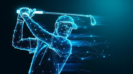 Digital golfer swinging club futuristic sports action