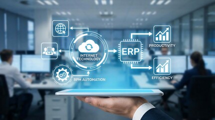 Conceptual representation of enterprise resource planning internet cloud computing digital transformation information technology