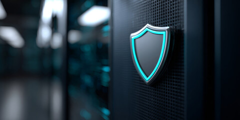 Close-up of a glowing shield emblem on a dark server rack in a data center with blurred background and cool blue lighting