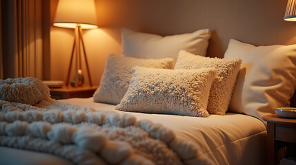 Cozy bedroom with plush pillows and a warm lamp comfortable