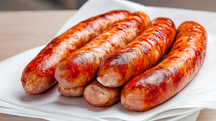 Fried sausages on napkins, clean and tidy environment in a realistic style.