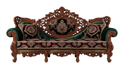 Elegant antique sofa with intricate carvings, luxurious green upholstery, and ornate patterned fabric accents displayed on transparent background. on transparent background