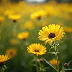 Fototapeta premium Close up captures field of yellow grindelia integrifolia flowers. Blossom blooms with many petals. Herbal plant is good for healthy skin and used in traditional medicine. Flora grows in botany.