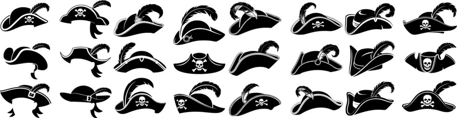 Collection of pirate hat silhouettes including tricorn and buccaneer styles. Black vector icons for pirate themes, games, prints, crafts and Halloween designs.
