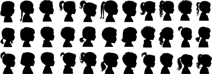 Set of children profile silhouettes with different hairstyles and ages. Black vector kid head icons for education, healthcare, design, infographics and print projects.