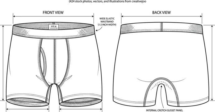 Boxer briefs sketch, front and back view, elastic waistband, crotch gusset panel, fashion technical drawing, flat vector illustration