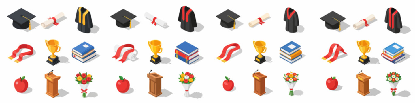 Isometric vector icon set of graduation and academic symbols, including diploma, mortarboard, robe, trophy, books, lectern, and apple for educational themes.