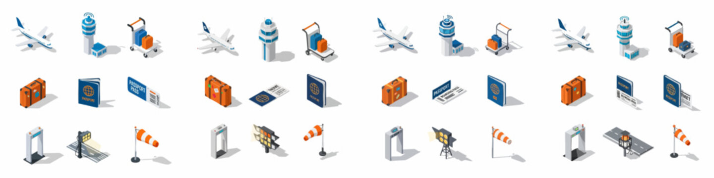 Detailed Isometric Airport and Air Travel Icons Set with Aircraft, Control Tower, Luggage, Passports, and Security Elements on White Background.