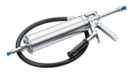 pneumatic grease gun with high pressure hose and metal nozzle for efficient lubrication on transparent background