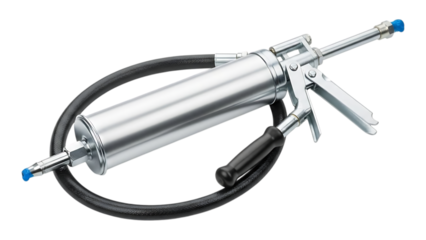 pneumatic grease gun with high pressure hose and metal nozzle for efficient lubrication on transparent background