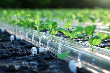 Detailed 3D model of a greenhouse featuring automated irrigation and sensor controls