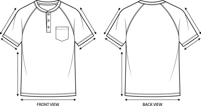 Henley shirt sketch, raglan sleeve design, chest pocket, button placket, measurement arrows, front and back view, flat vector illustration