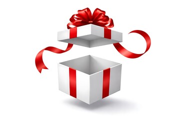 open white gift box with red ribbon and bow on top