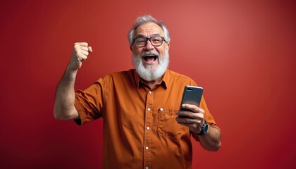 Happy senior man with grey beard cheers holding smartphone. Joyful aged male rejoices at success. Excited elder person celebrates win on phone. Red studio background