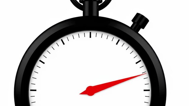 Black stopwatch with red second hand on white background for timing and measurement
