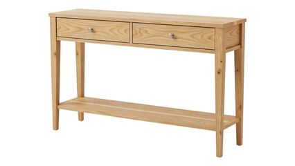 Minimalist wooden console table with two drawers and lower shelf made of natural wood on transparent background