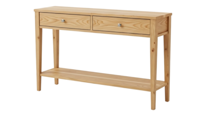 Minimalist wooden console table with two drawers and lower shelf made of natural wood on transparent background