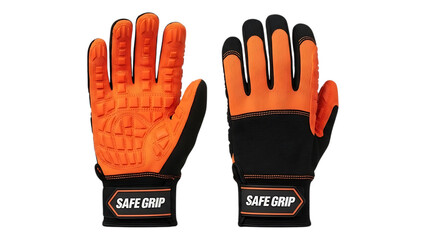 High visibility orange and black safe grip work gloves for protection and grip on transparent background