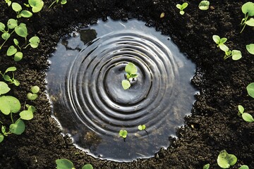 Creative overhead view showing circular water ripples surrounding a tiny plant