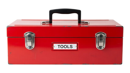 A red metal toolbox with silver latches and a black handle, labeled tools, on transparent background. on transparent background