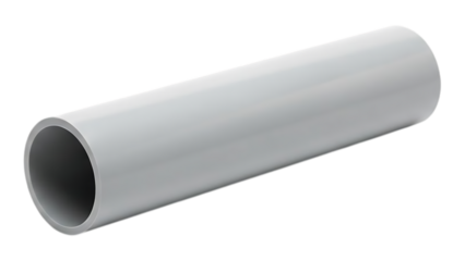 gray metal pipe or tube with smooth surface and hollow interior cylindrical shape on transparent background