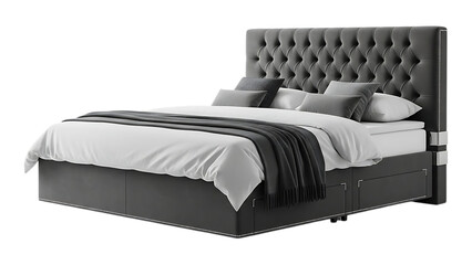 luxurious modern gray leather upholstered bed frame with tufted headboard and storage drawers on transparent background