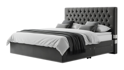 luxurious modern gray leather upholstered bed frame with tufted headboard and storage drawers on transparent background