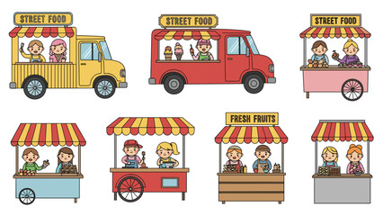 Collection of various colorful street food stalls and mobile food trucks with friendly vendors serving diverse snacks and meals.
