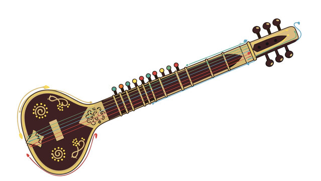 Detailed illustration of a traditional indian sitar musical instrument with intricate carvings and colorful decorative strings.