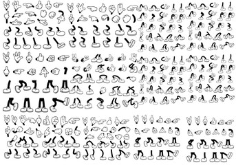 Retro cartoon legs and hands, Hands with gloves and feet with boots, various poses for characters, a set of poses, gestures, placement of hands and feet. Mascot character set. Cartoon set of limbs © Miftahul Nehar